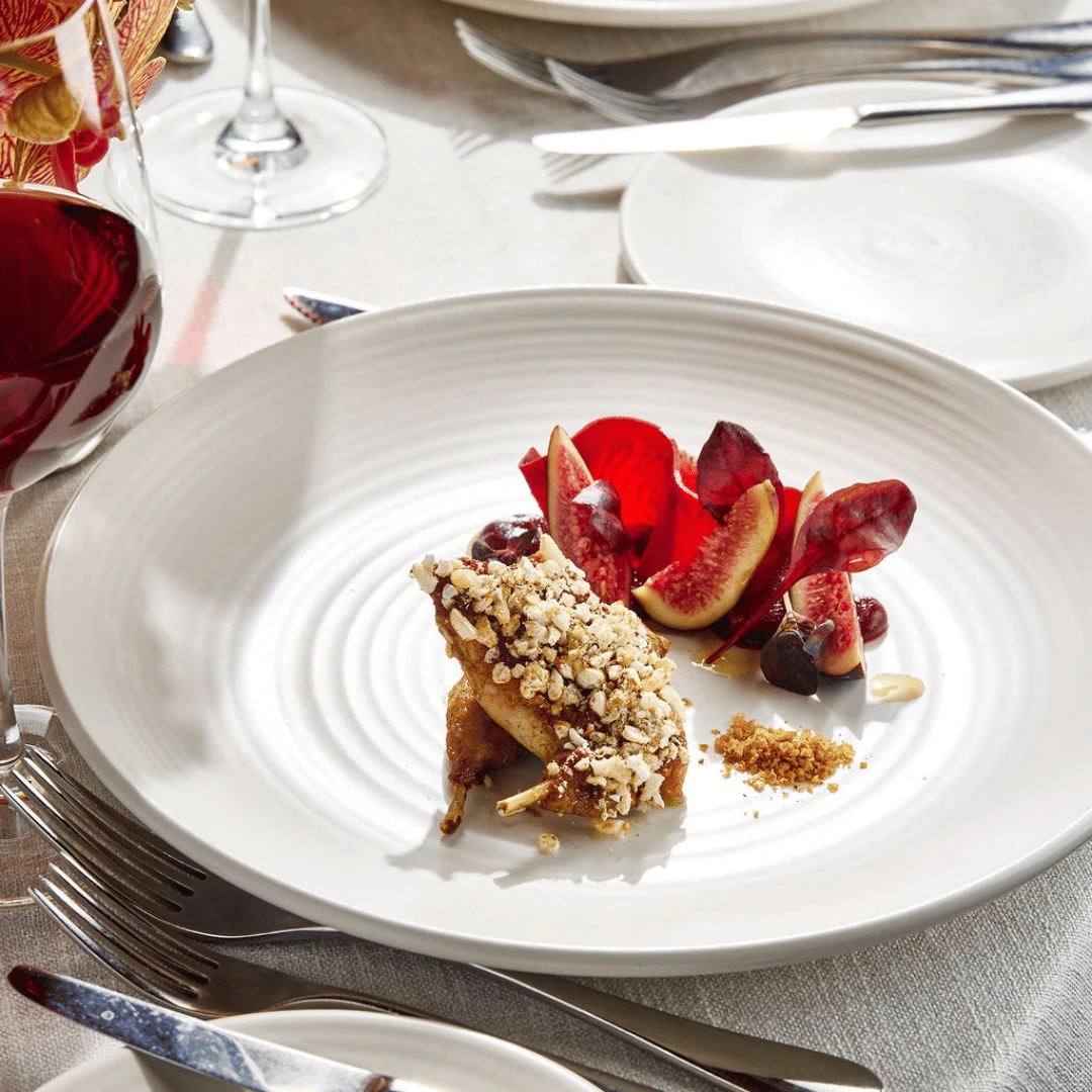 Middle eastern spiced quail, beetroot and fig, labna, Oloroso, puffed grains
